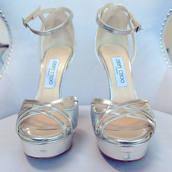 Jimmy Choo Laurita metallic glitter platform sandals, silver, size 38 - Picture 2 of 10